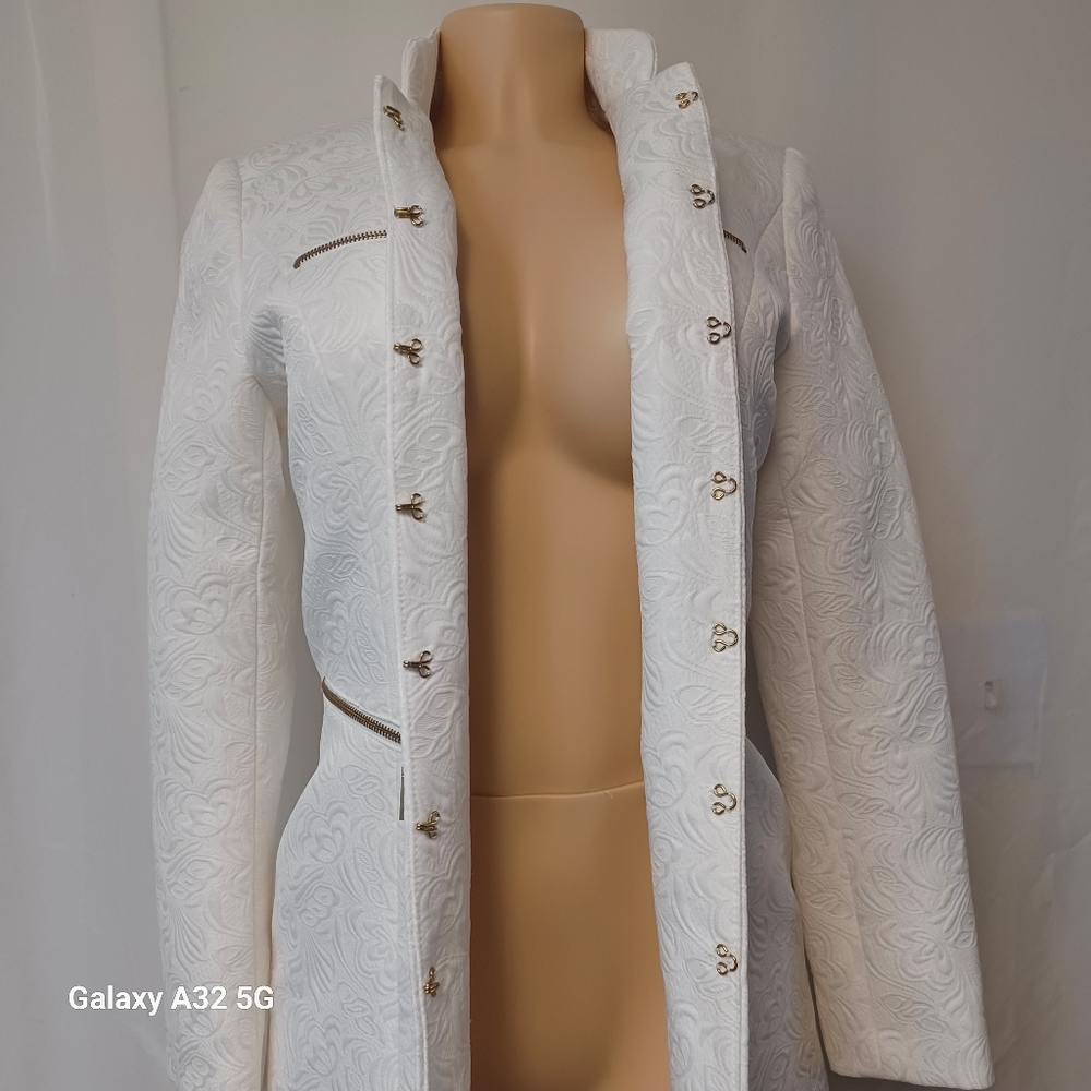 LG Lena Gabrille Ivory Jacquard Long Elegant White Women's SZ 4 Style Jacker Bla - Picture 5 of 15